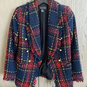 Halogen XXS petite tweed plaid multicolored navy red double breasted blazer